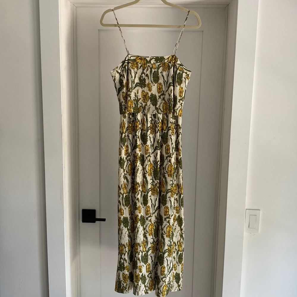 Leith Pleated Midi Dress Green Yellow Floral Ivory Novo Fl